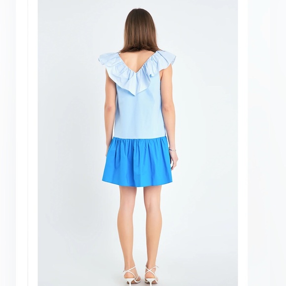 English Factory Women Blue Colorblock Ruffle Hem Sleeveless Mini Dress Size S - Picture 3 of 9